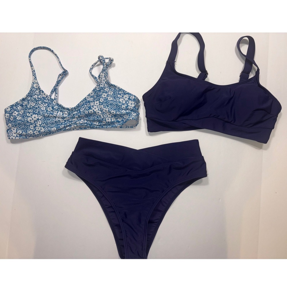 Navy Blue Floral Print Bikini Set Women's Two Piece Swimsuit Size Small